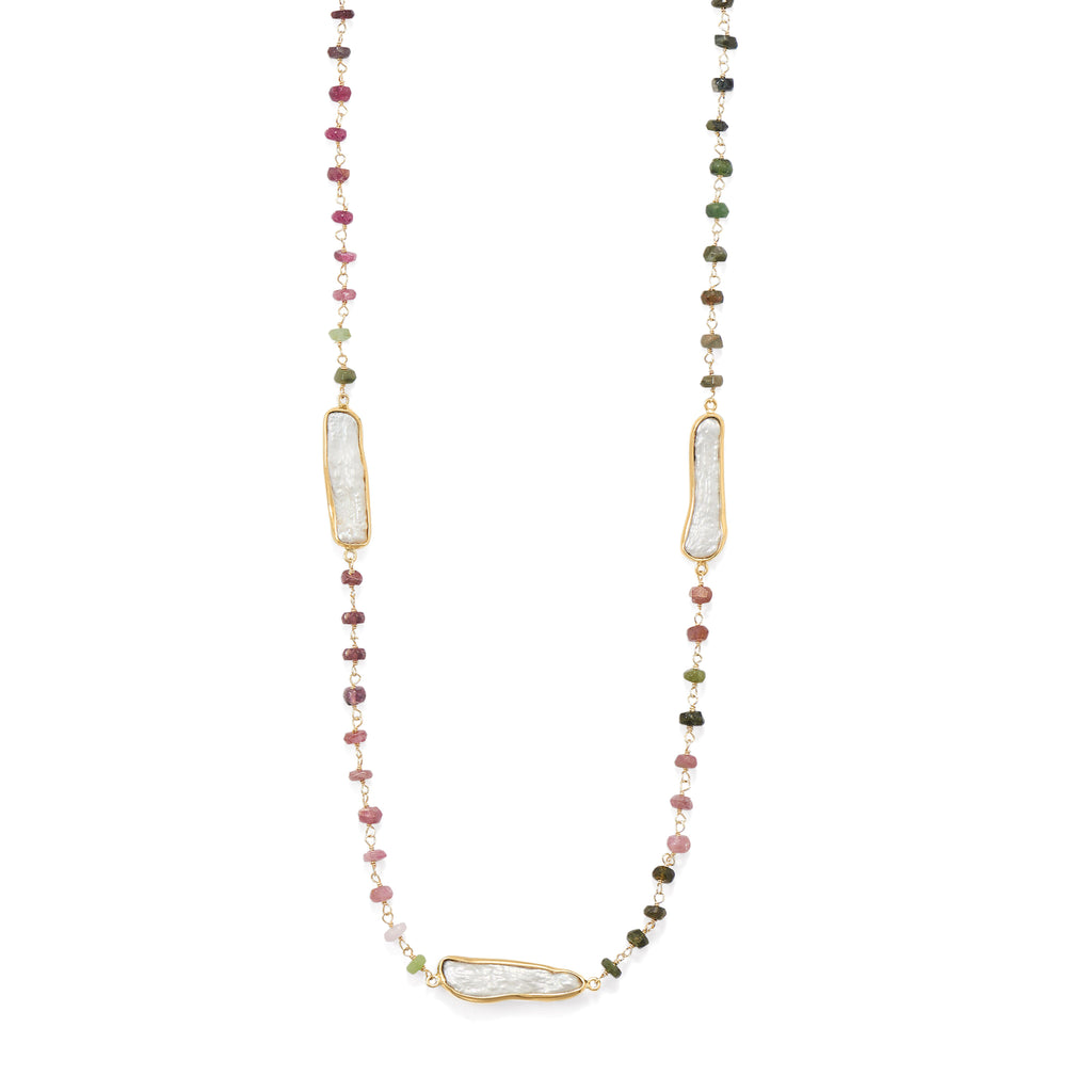 18K Gold Multi Tourmaline & Pearl Necklace
