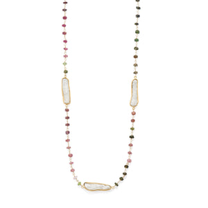 18K Gold Multi Tourmaline & Pearl Necklace