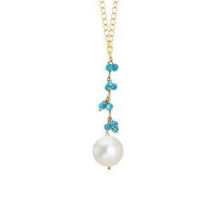 18k Gold Turquoise & Pearl Drop Necklace