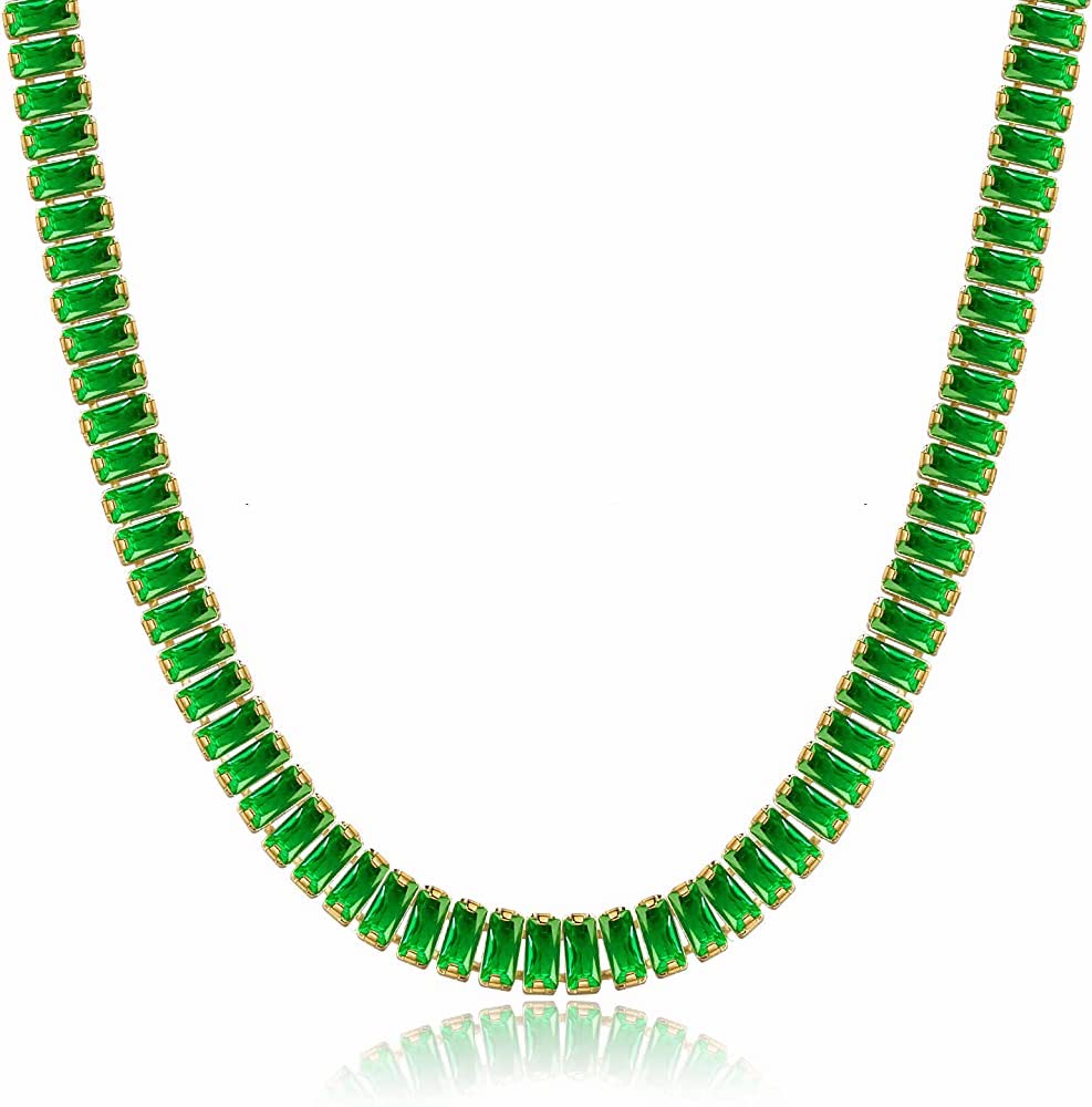 18k Gold Green Cz Tennis Necklace