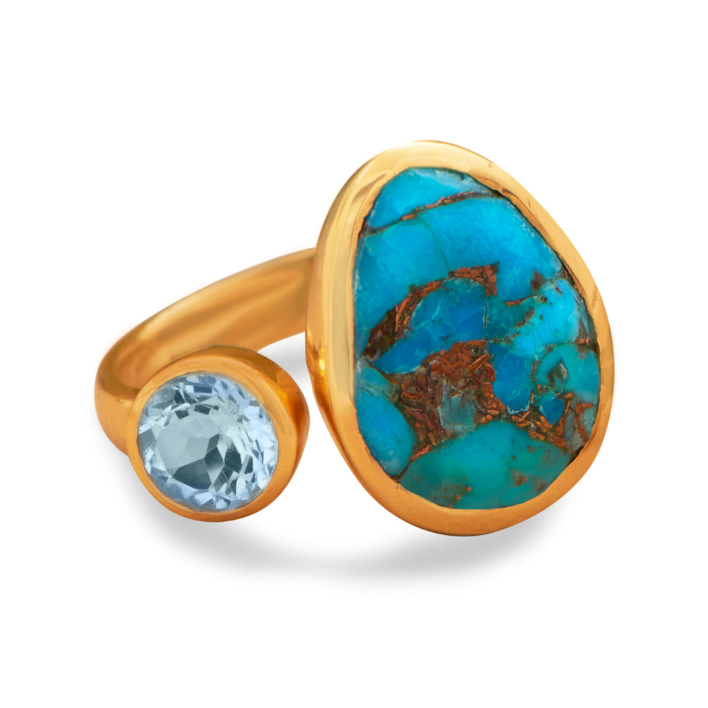 18k Gold Plated Blue Topaz & Turquoise Ring - Liv Oliver