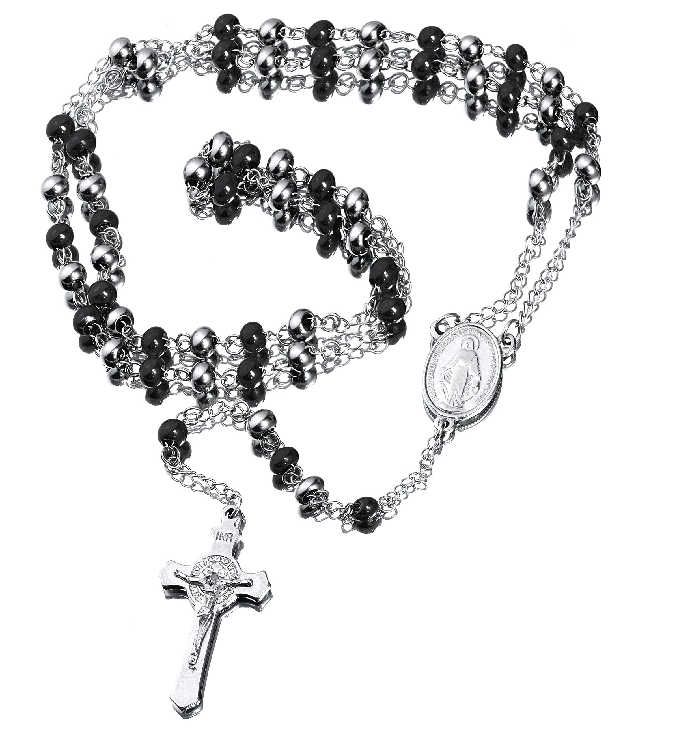 Silver & Black Onyx Rosary Cross Necklace